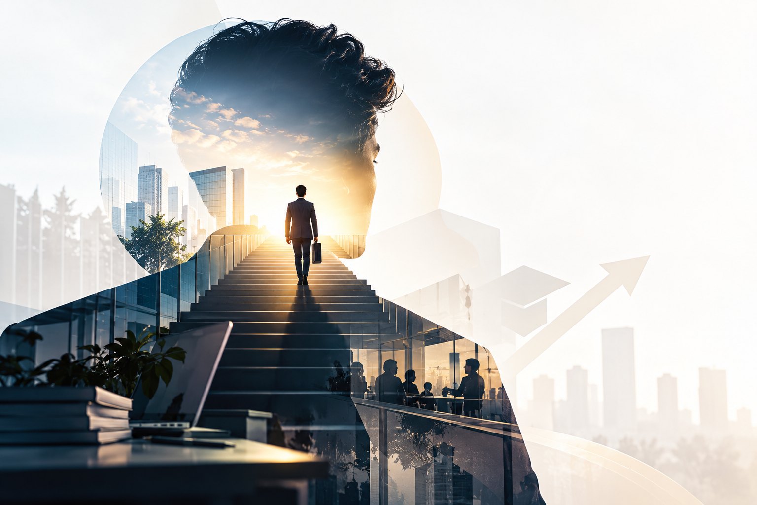 Professional climbing a staircase towards a sunlit city skyline, set within the silhouette of a man