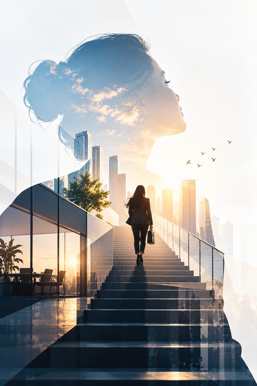 Professional climbing a staircase towards a sunlit city skyline, set within the silhouette of a woman looking upward