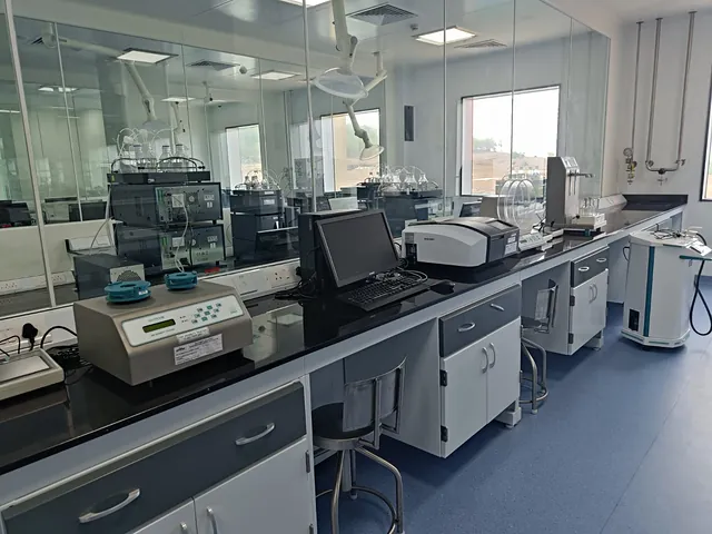Analytical instruments on a laboratory bench