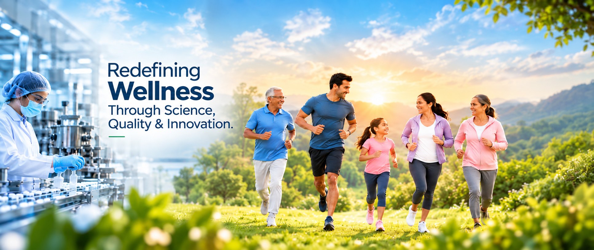 Three generations of a family jogging together through a green park, beside a pharmaceutical laboratory