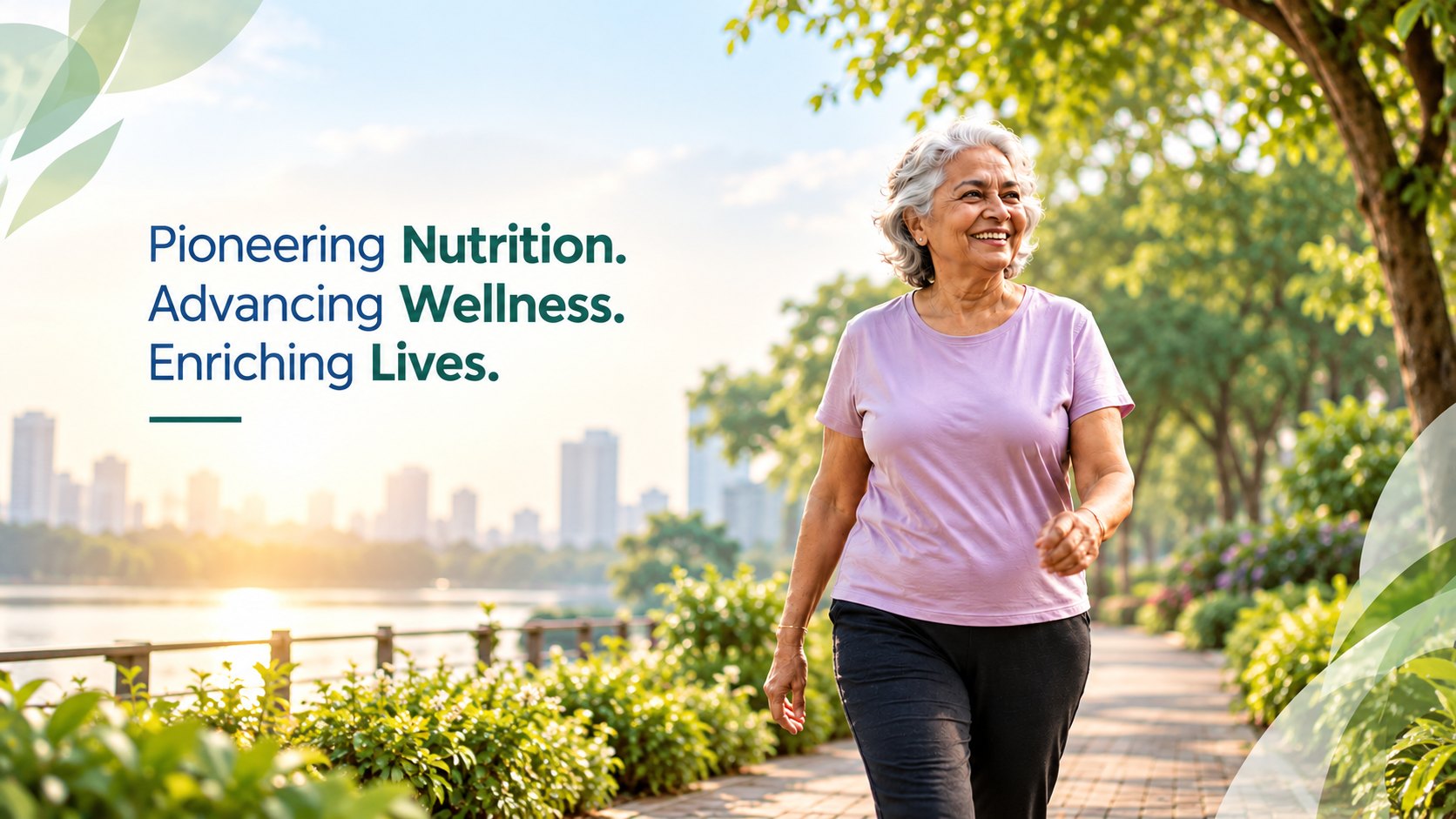 Smiling senior woman out for a morning walk along a lakeside path