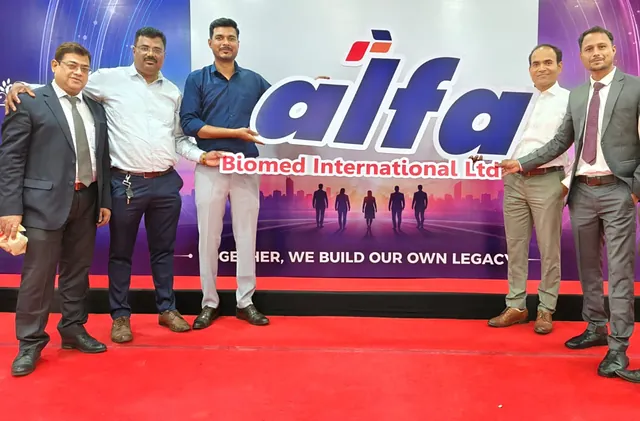 Leaders on stage in front of the Alfa Biomed International backdrop