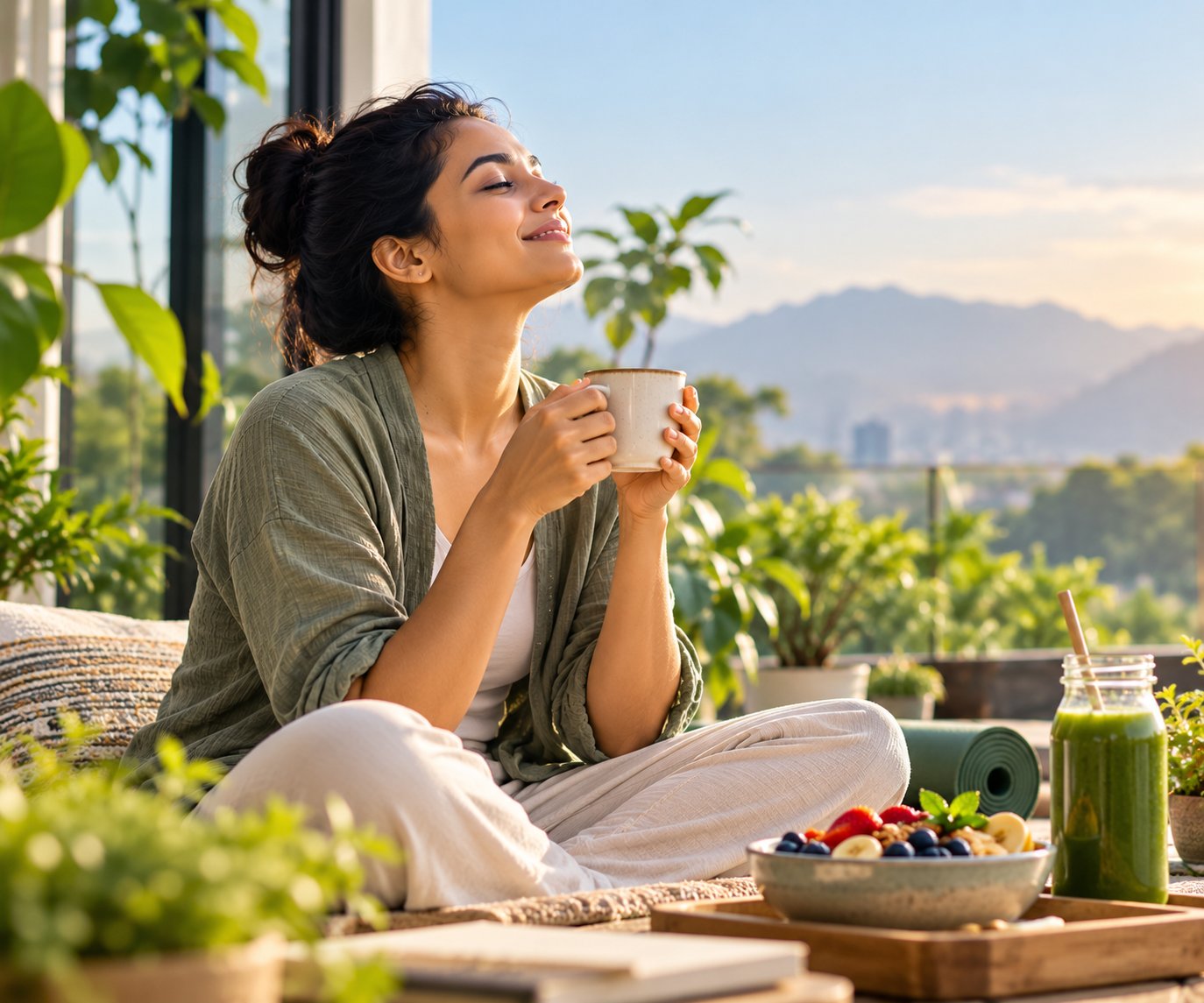 Relaxed woman enjoying a warm drink on a sunny terrace with a healthy breakfast