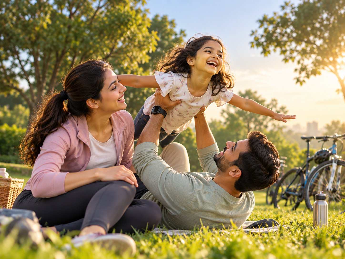 Happy family playing together on the grass in a sunny park