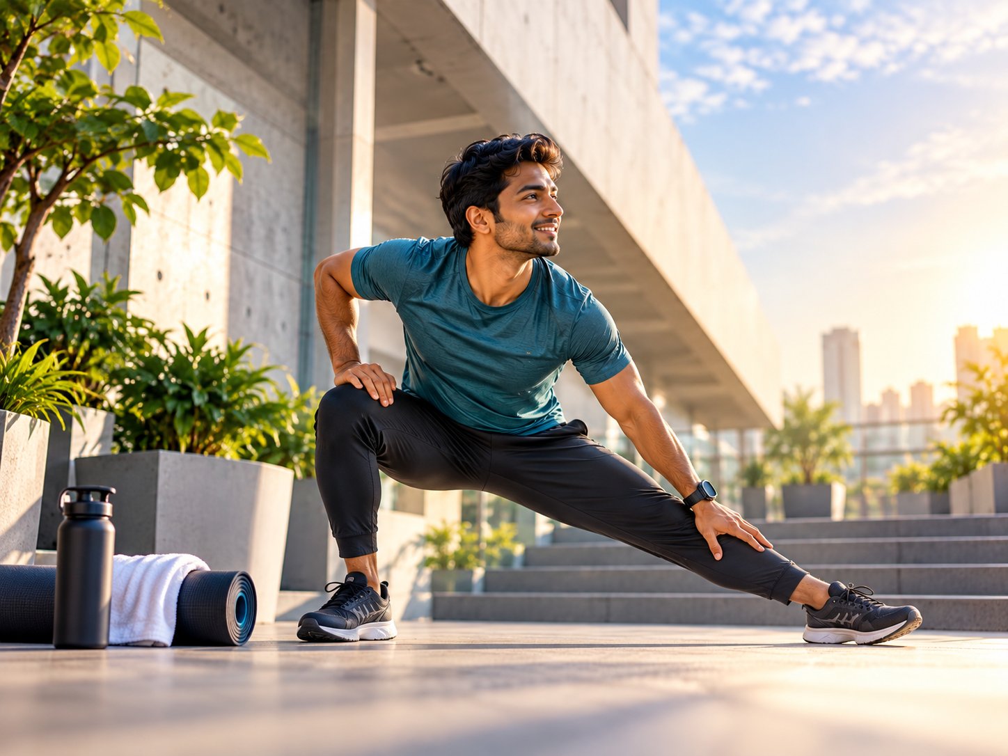 Smiling man doing a lunge stretch outdoors before a workout