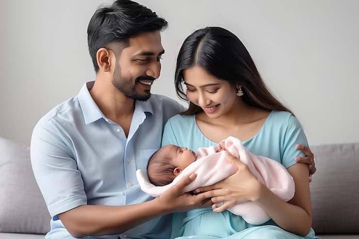Young parents smiling at their newborn baby