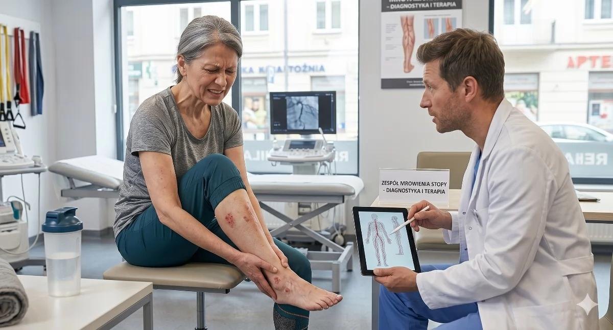 Doctor explaining a nerve diagram on a tablet to a woman with leg discomfort