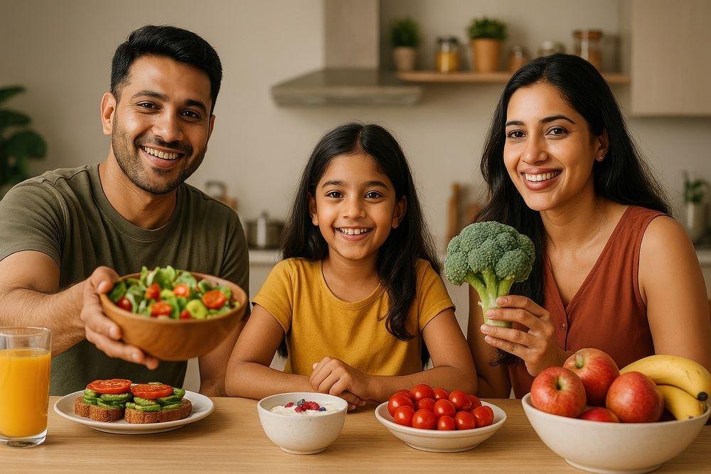Smiling family sharing a healthy meal of salad, fruit and vegetables at the kitchen table