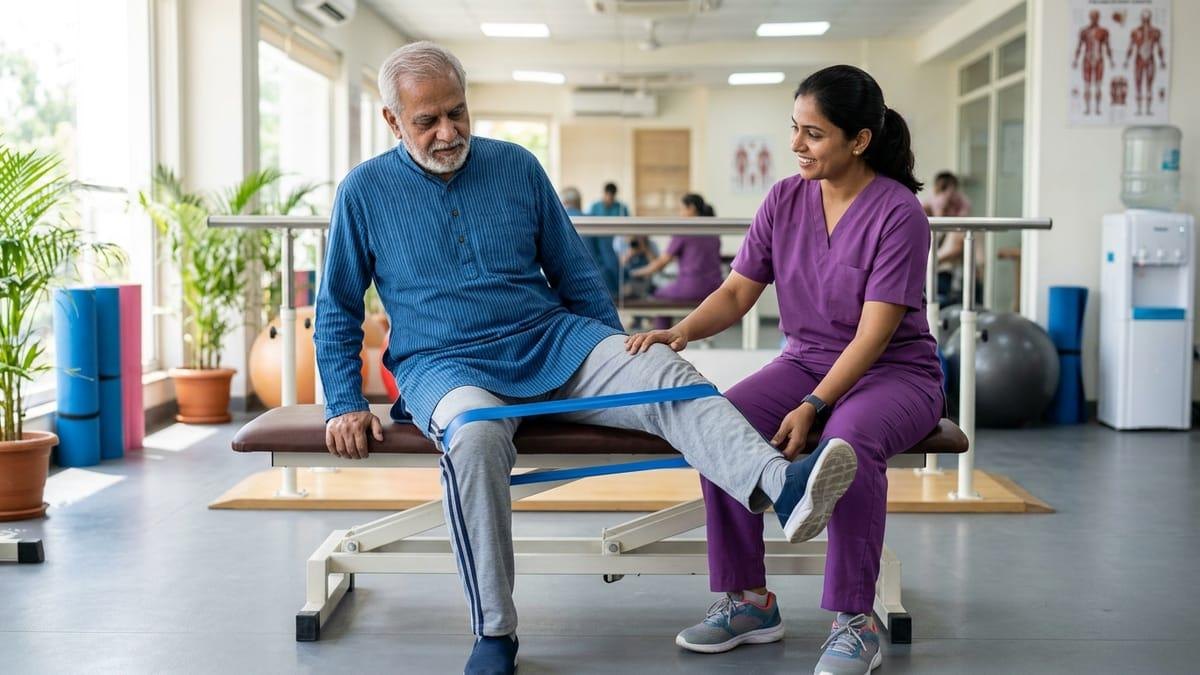 Physiotherapist guiding a senior man through a knee-strengthening exercise with a resistance band