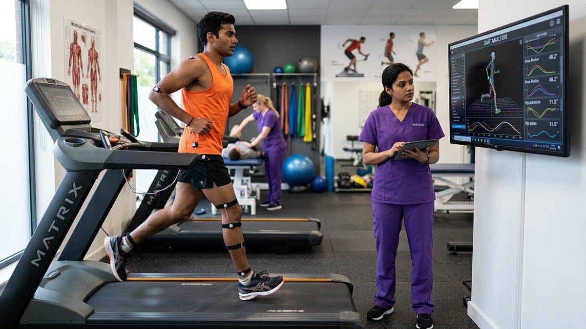 Man running on a treadmill while a clinician reviews his movement on a screen